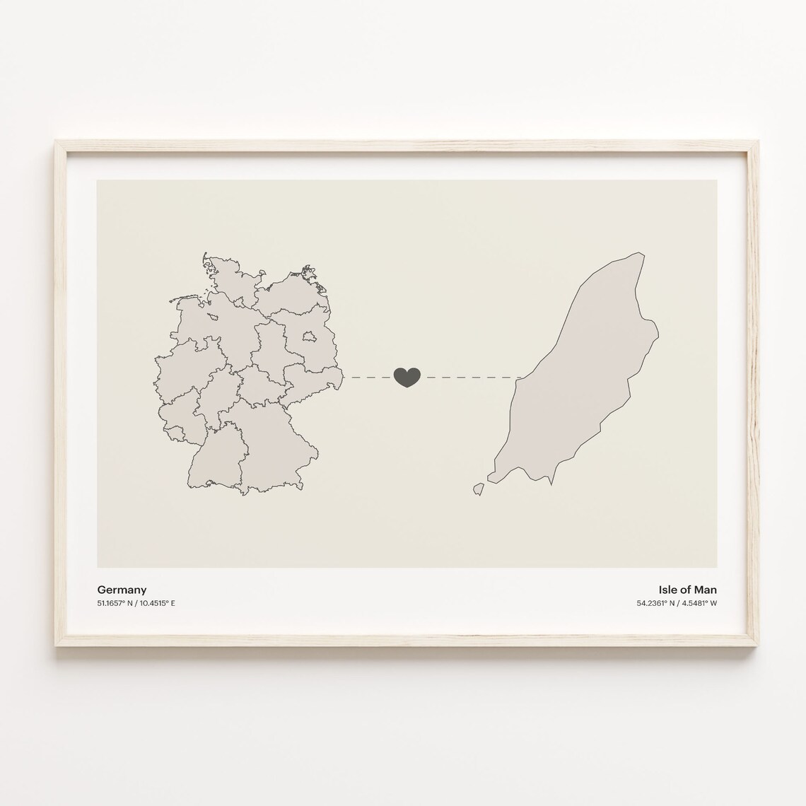 Germany to Isle of Man Minimalist Long Distance Heart Connection Map Poster
