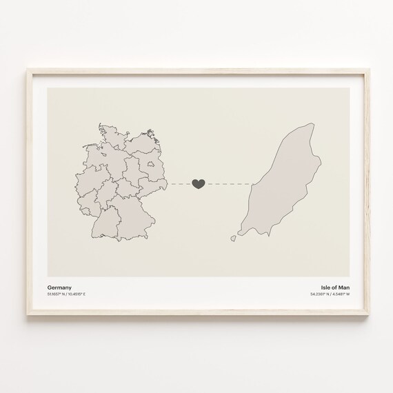 Germany to Isle of Man Minimalist Long Distance Heart Connection Map Poster