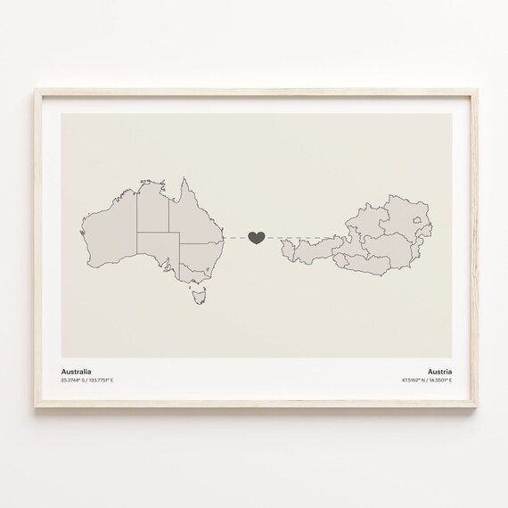 Australia and Austria Minimalist Long Distance Heart Map Connection Poster