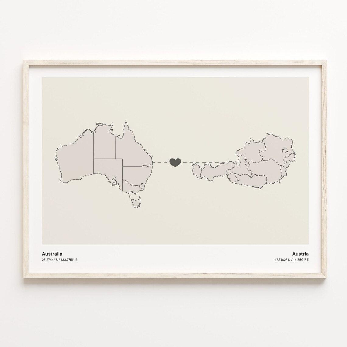 Australia and Austria Minimalist Long Distance Heart Map Connection Poster