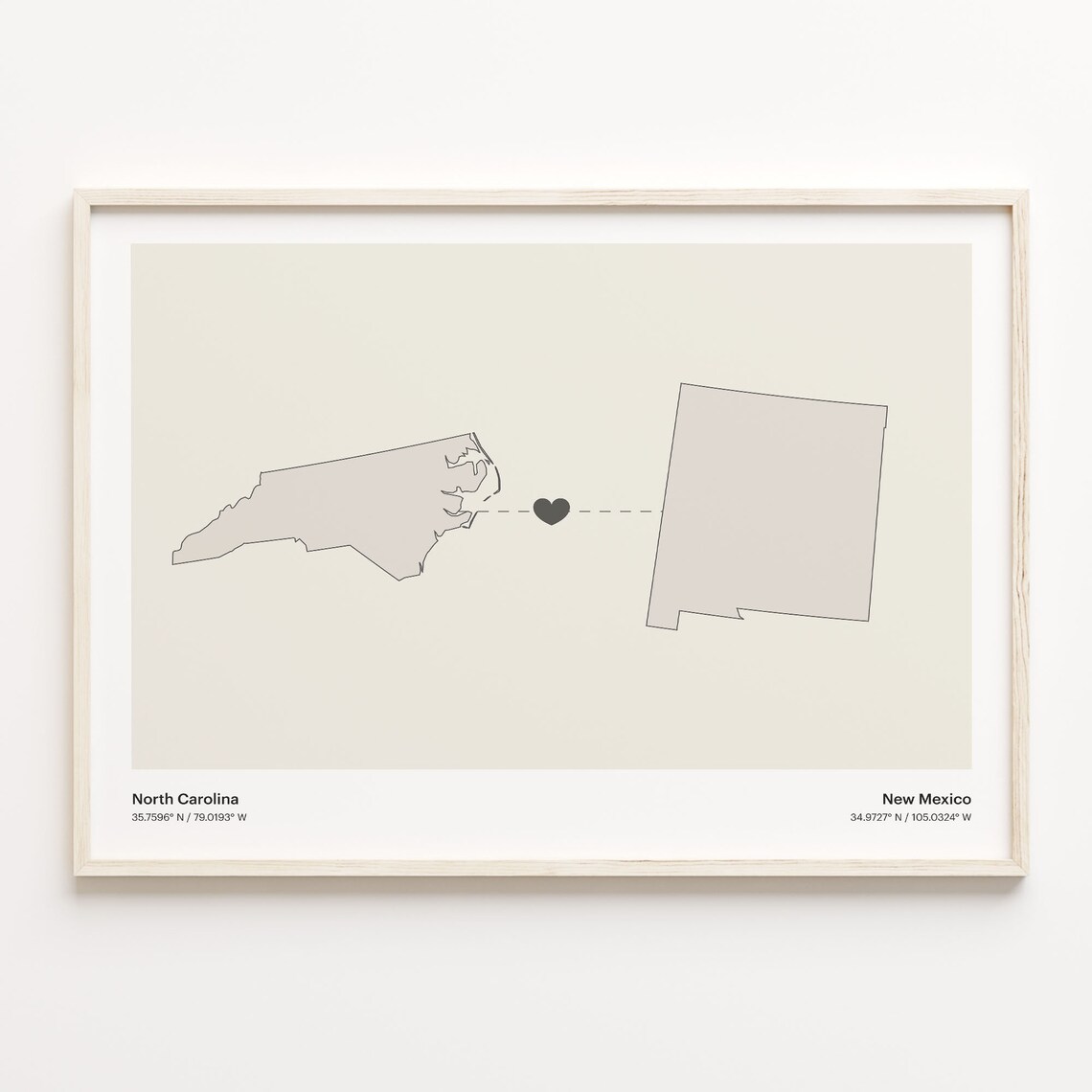 North Carolina to New Mexico Minimalist Long Distance Connection Map Poster