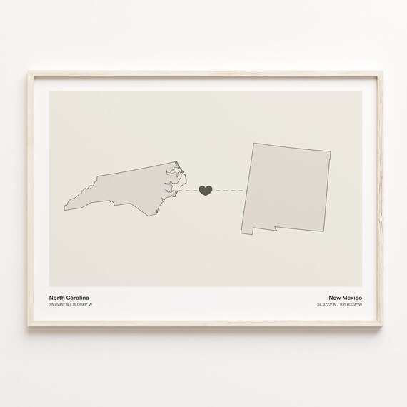 North Carolina to New Mexico Minimalist Long Distance Connection Map Poster