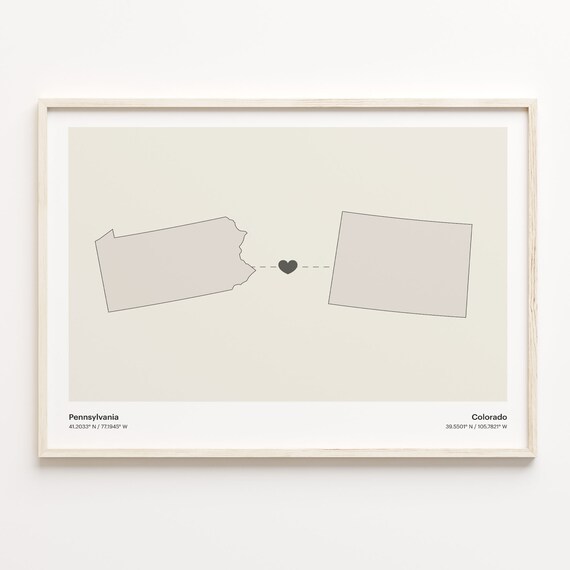 Pennsylvania To Colorado Minimalist Map Heart Connection Poster
