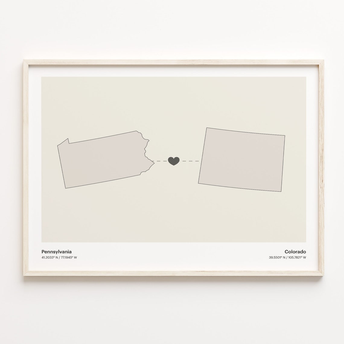 Pennsylvania To Colorado Minimalist Map Heart Connection Poster