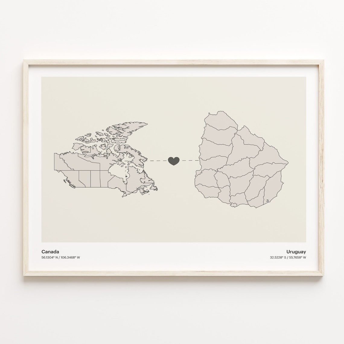 Canada To Uruguay Long Distance Heart Map Couple Gift Poster