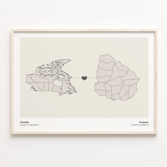 Canada To Uruguay Long Distance Heart Map Couple Gift Poster