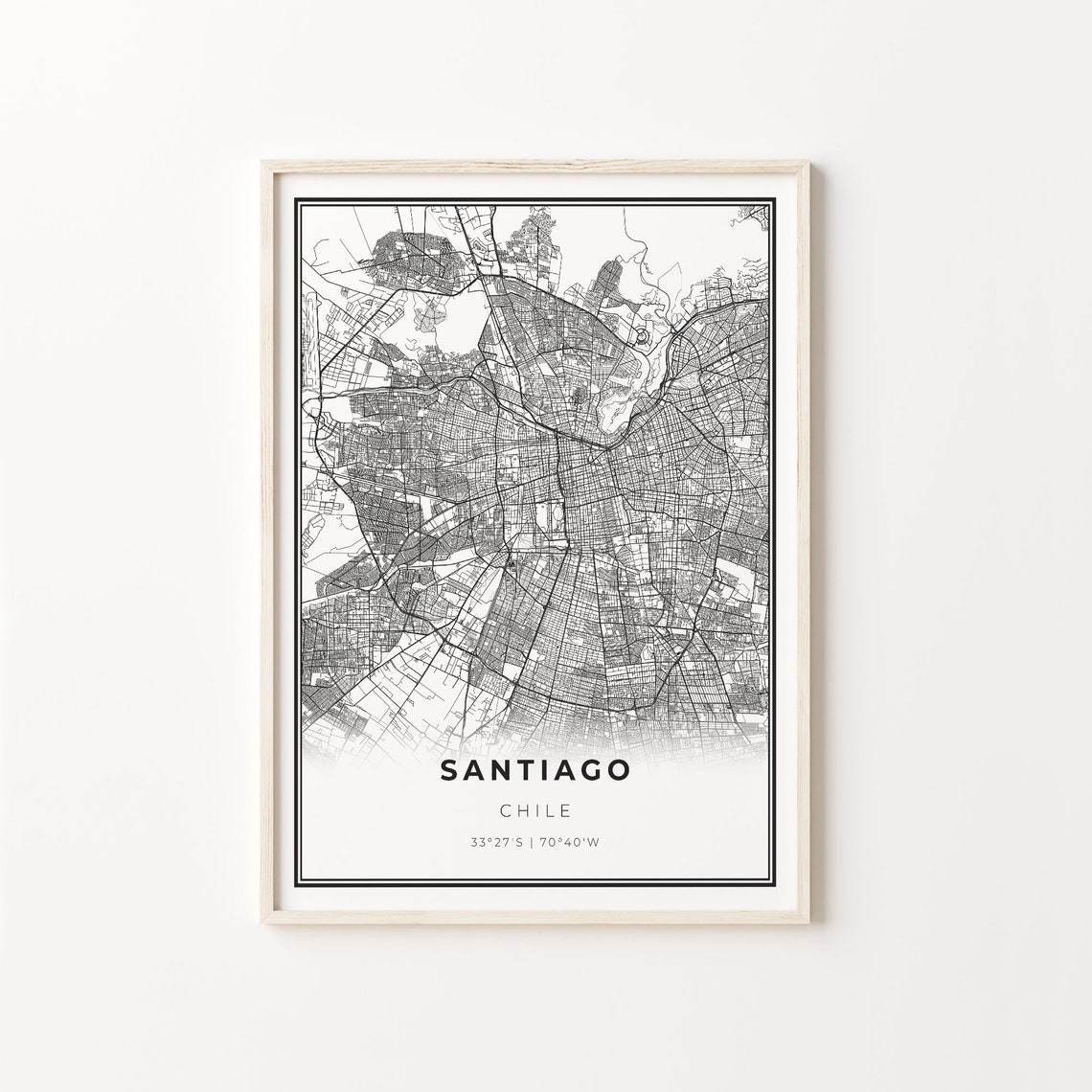 Santiago Chile Minimalist Black And White City Map Art Poster