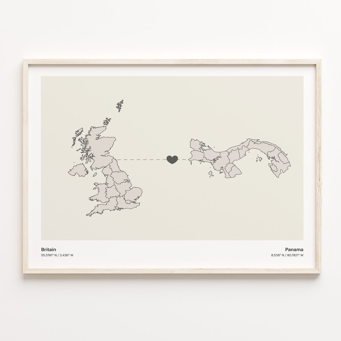 Britain Panama Long Distance Heart Connection Map Gift Poster