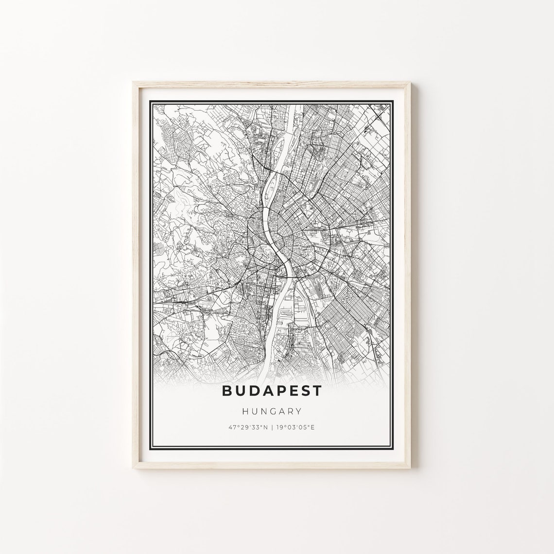 Budapest Hungary Modern Minimalist Black and White City Map Poster
