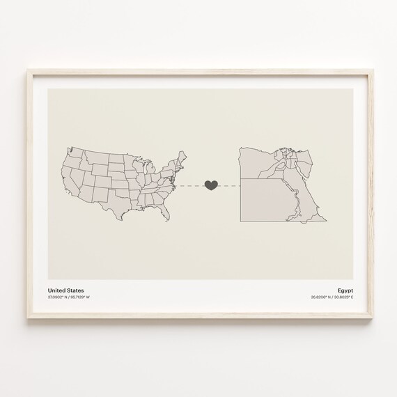 United States to Egypt Heart Connection Long Distance Map Poster