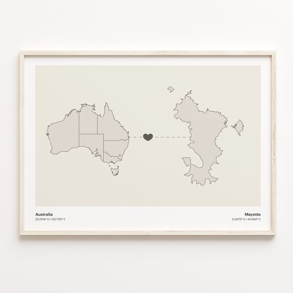 Australia to Mayotte Minimalist Heart Couple Connection Map Poster