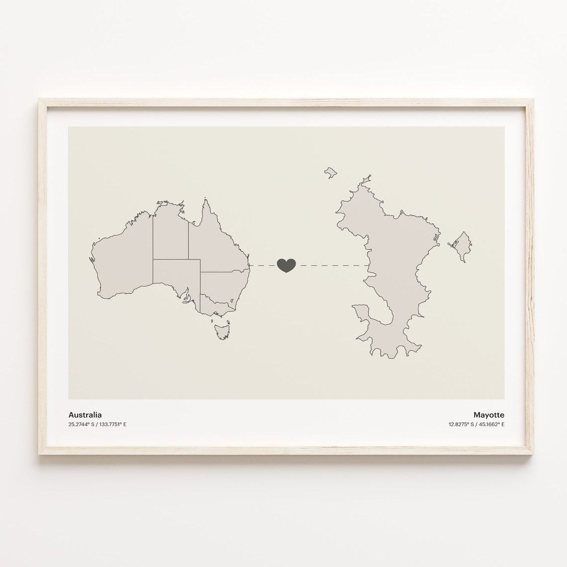 Australia to Mayotte Minimalist Heart Couple Connection Map Poster