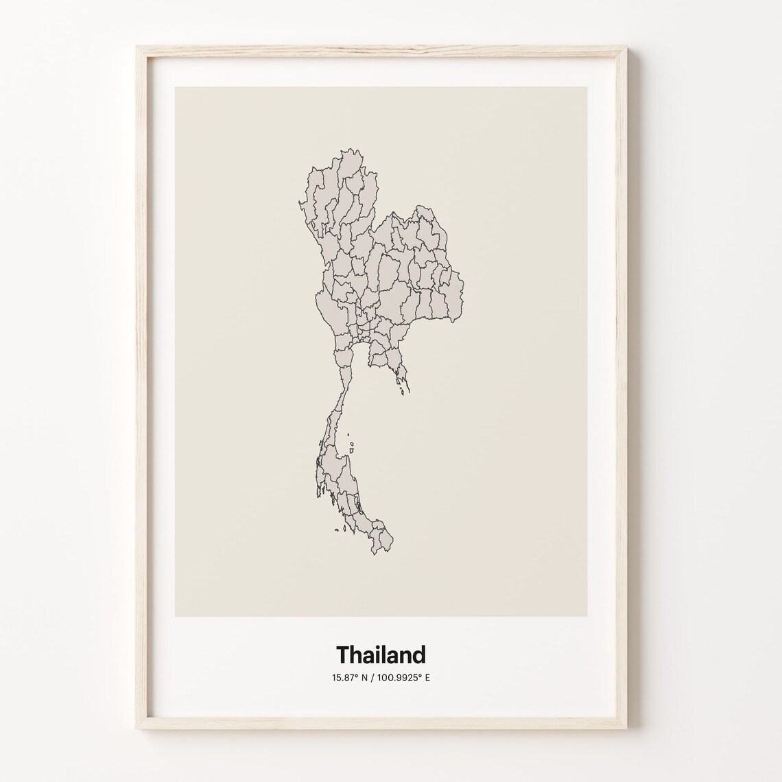 Thailand Minimalist Map Poster With Printed Coordinates Neutral Home Decor
