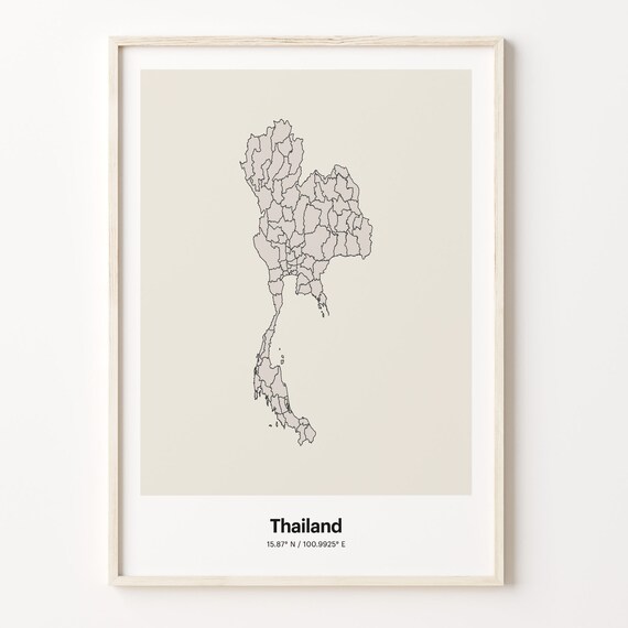 Thailand Minimalist Map Poster With Printed Coordinates Neutral Home Decor