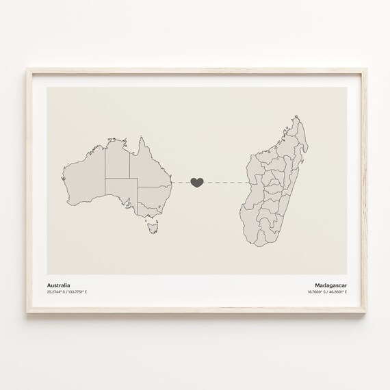 Australia To Madagascar Minimalist Map Heart Connection Gift Poster