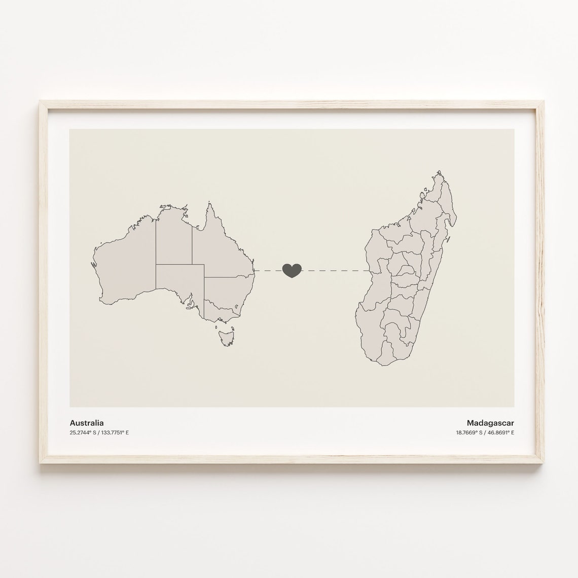 Australia To Madagascar Minimalist Map Heart Connection Gift Poster