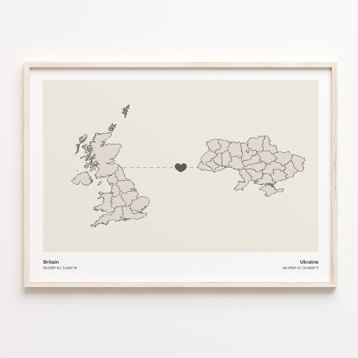 Britain to Ukraine Minimalist Long Distance Heart Connection Map Poster
