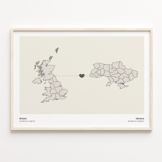 Britain to Ukraine Minimalist Long Distance Heart Connection Map Poster