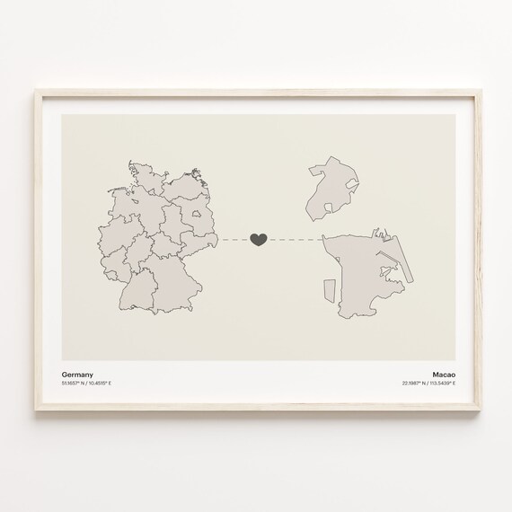 Germany To Macao Soft Beige Heart Connection Minimalist Map Poster