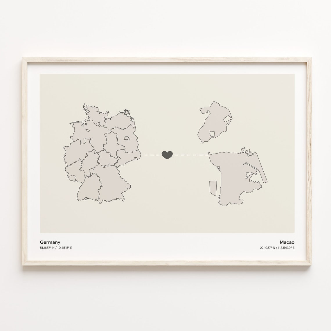 Germany To Macao Soft Beige Heart Connection Minimalist Map Poster