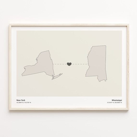 New York to Mississippi Minimalist Heart Map Connection Poster