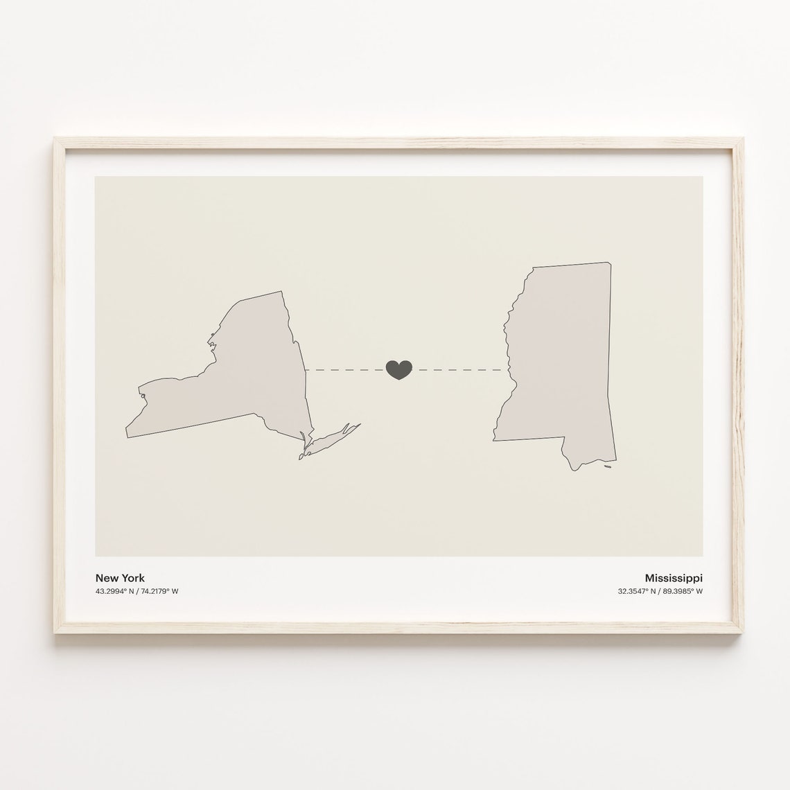 New York to Mississippi Minimalist Heart Map Connection Poster