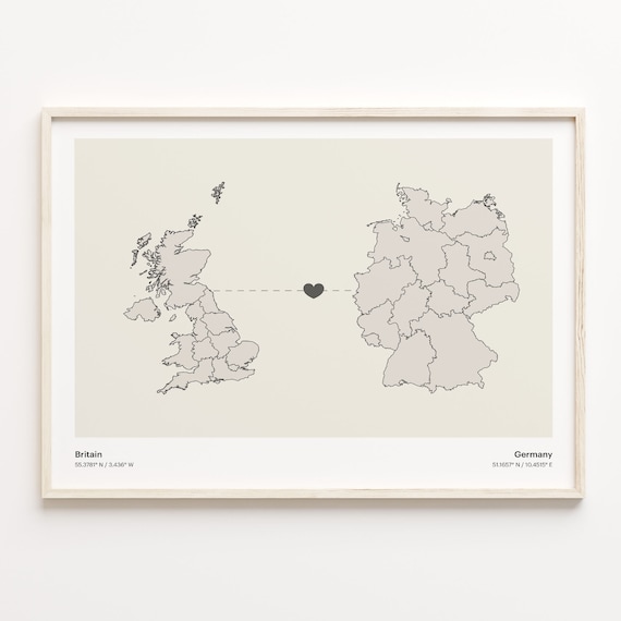 Britain To Germany Heart Connection Minimalist Beige Map Poster