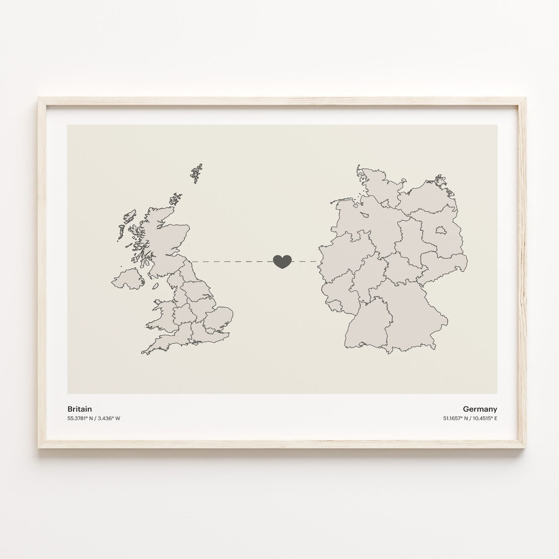 Britain To Germany Heart Connection Minimalist Beige Map Poster