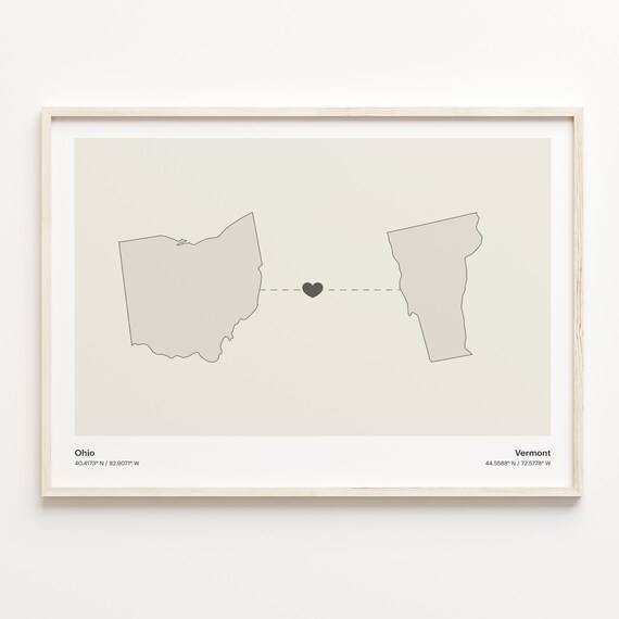Ohio to Vermont Minimalist Long Distance Connection Map Poster
