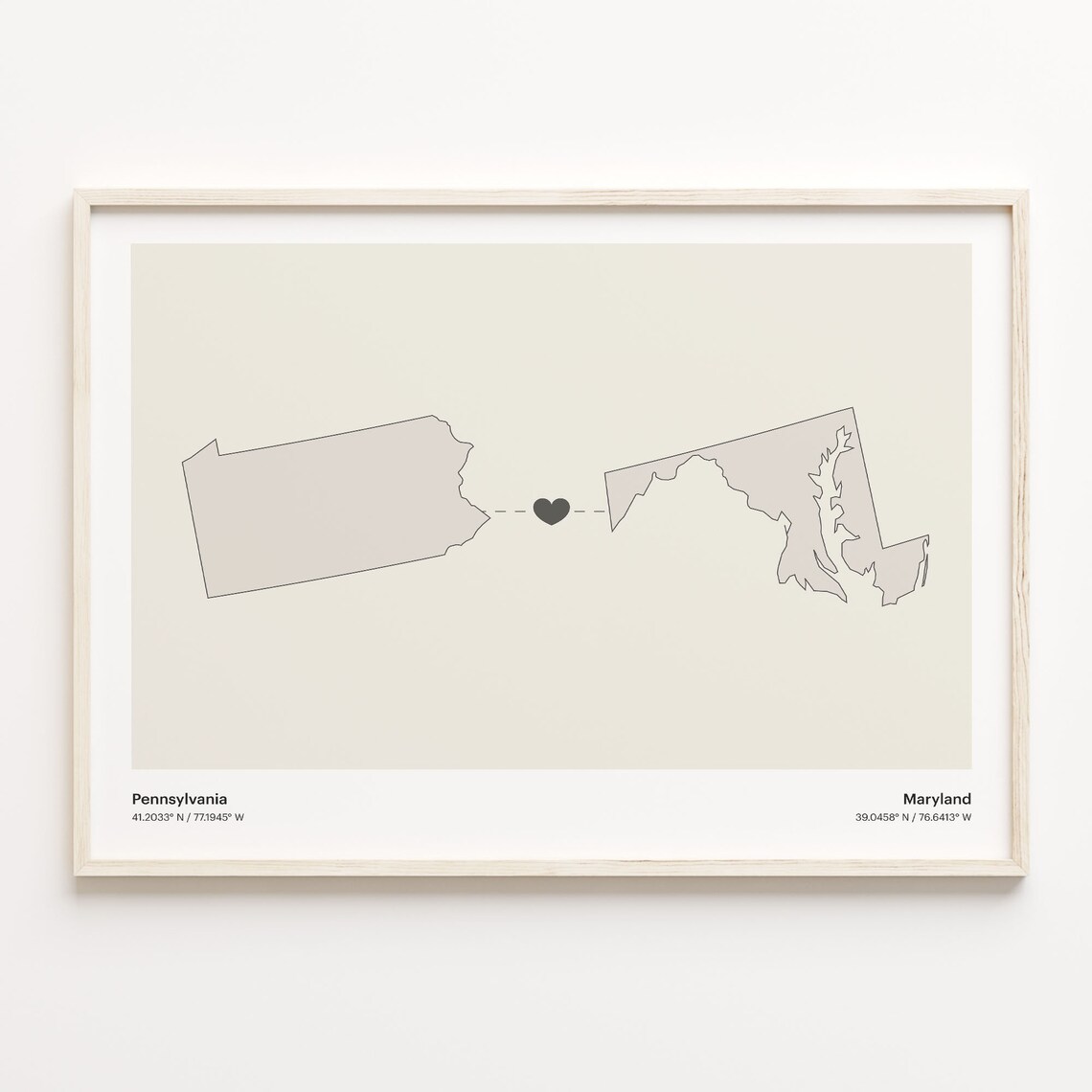 Pennsylvania to Maryland Long Distance Heart Map Minimalist Connection Poster