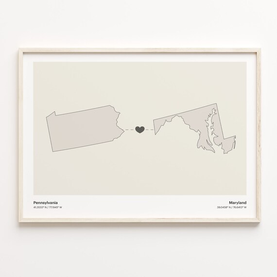 Pennsylvania to Maryland Long Distance Heart Map Minimalist Connection Poster