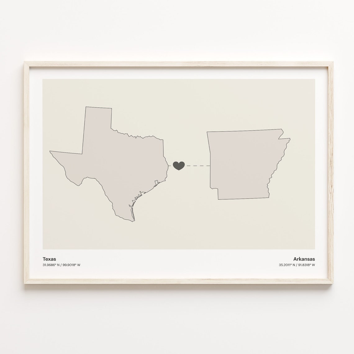 Texas and Arkansas Long Distance Heart Connection Map Poster