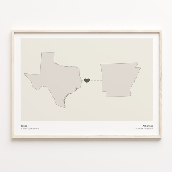 Texas and Arkansas Long Distance Heart Connection Map Poster