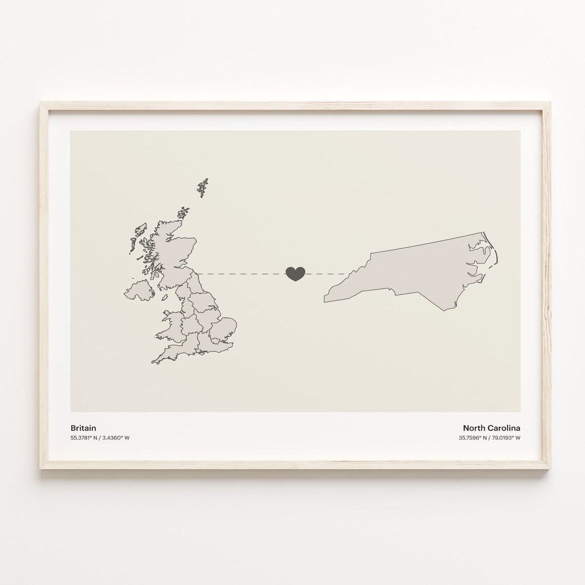Britain And North Carolina Long Distance Love Minimalist Heart Map Poster