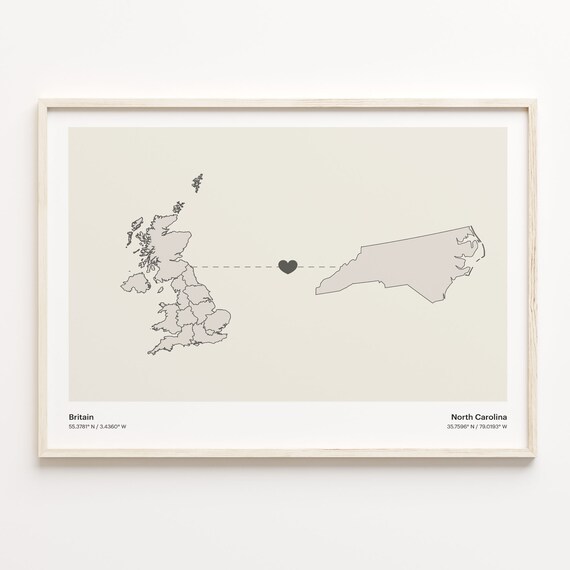 Britain And North Carolina Long Distance Love Minimalist Heart Map Poster