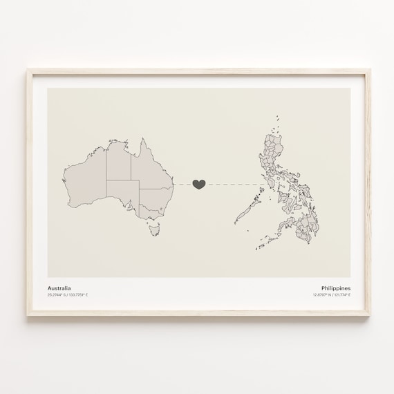 Australia to Philippines Heart Connection Map Long Distance Gift Poster