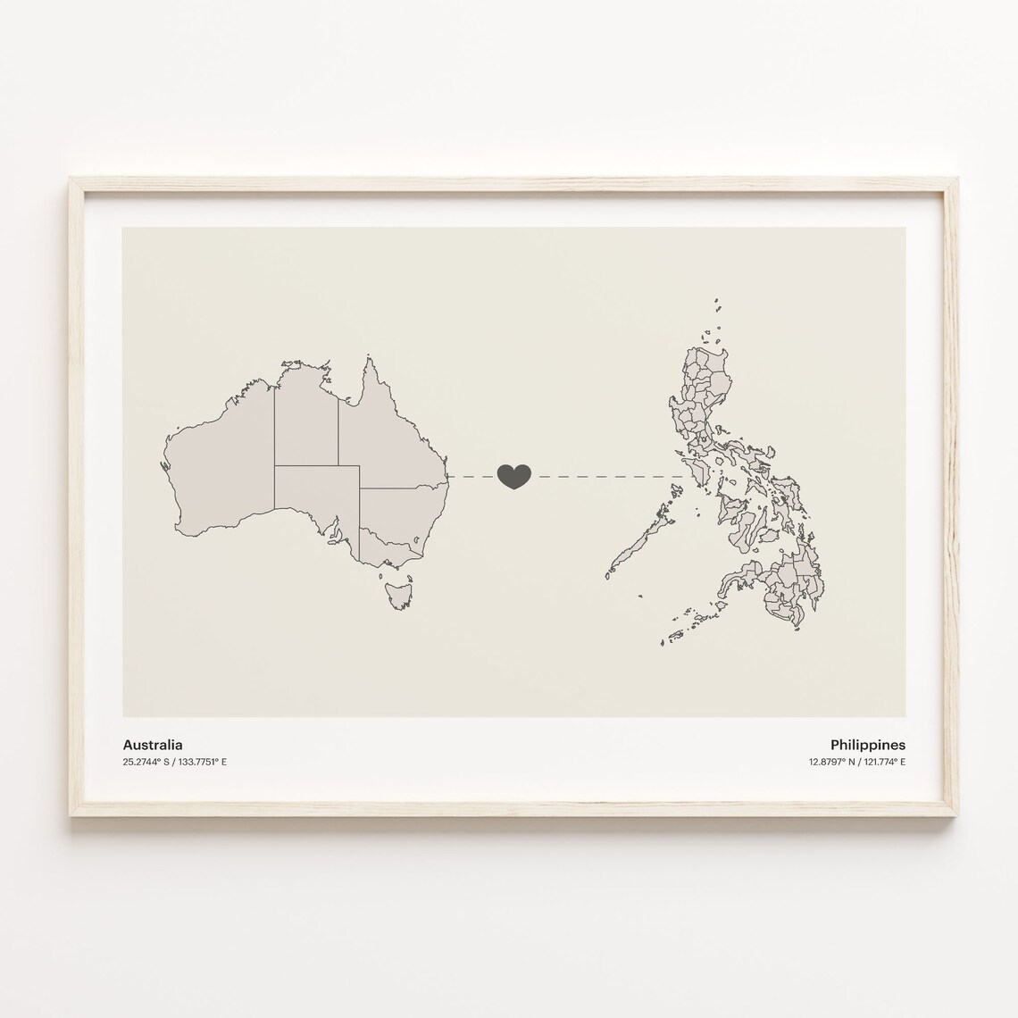 Australia to Philippines Heart Connection Map Long Distance Gift Poster