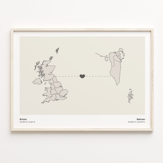 Britain To Bahrain Heart Connection Minimalist Beige Map Poster