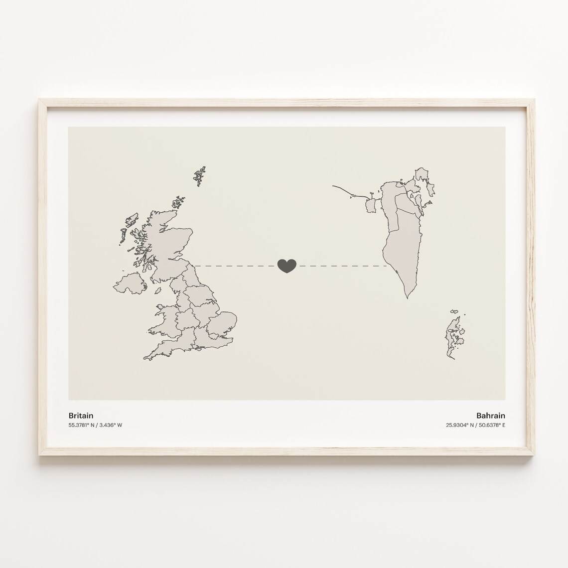 Britain To Bahrain Heart Connection Minimalist Beige Map Poster