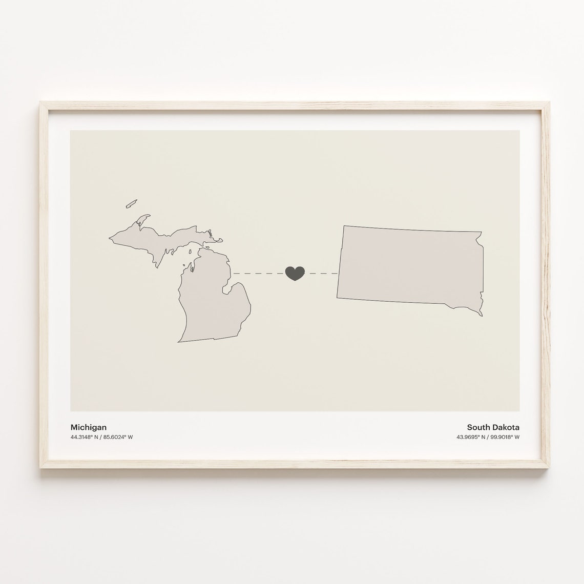 Michigan To South Dakota Minimalist Heart Map Connection Print