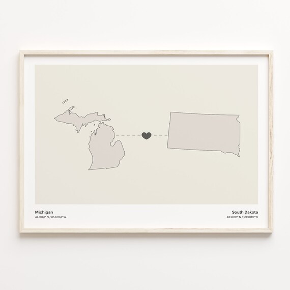 Michigan To South Dakota Minimalist Heart Map Connection Print