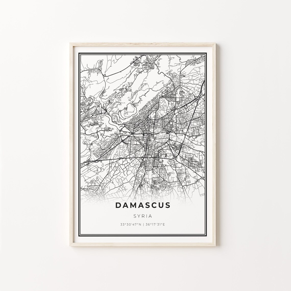 Damascus City Map Art Print, Black And White Style