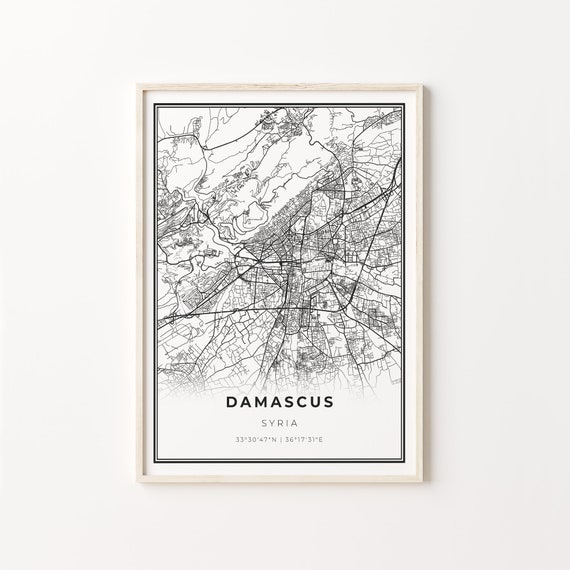 Damascus City Map Art Print, Black And White Style