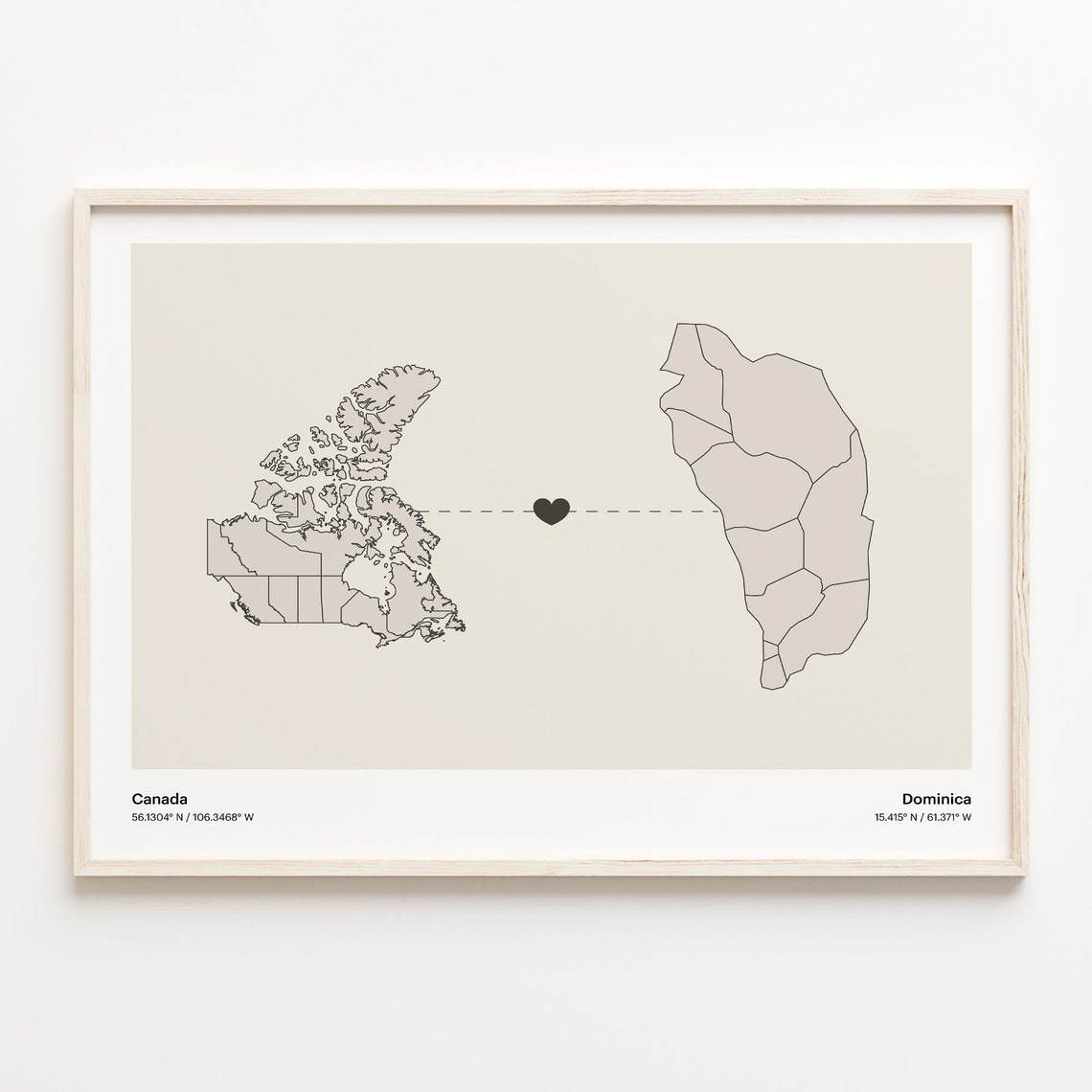 Canada to Dominica Long Distance Heart Connection Map Poster
