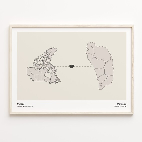 Canada to Dominica Long Distance Heart Connection Map Poster