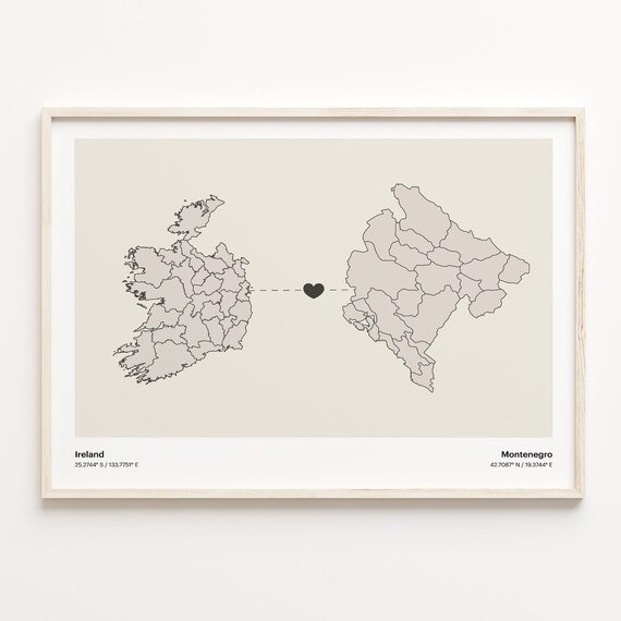 Ireland and Montenegro Couple Long Distance Love Heart Map Poster