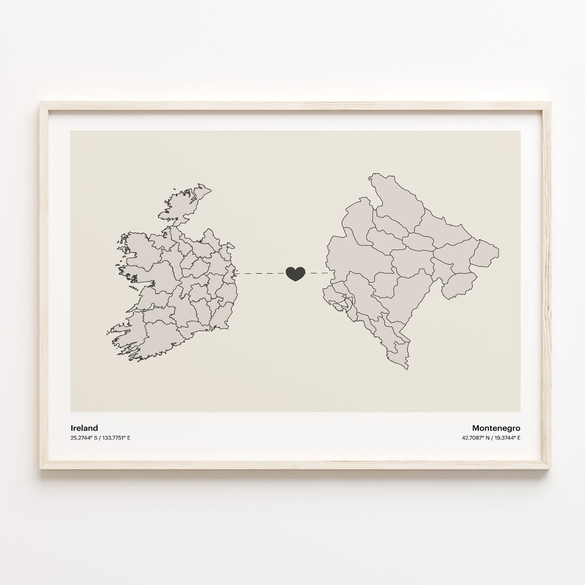 Ireland and Montenegro Couple Long Distance Love Heart Map Poster