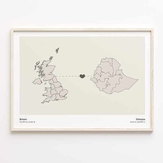 Britain Ethiopia Long Distance Heart Connection Map Gift Poster