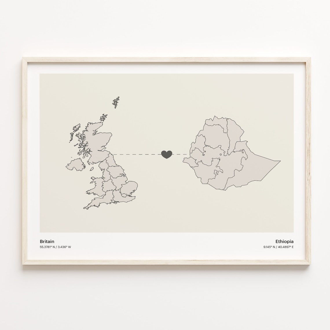 Britain Ethiopia Long Distance Heart Connection Map Gift Poster