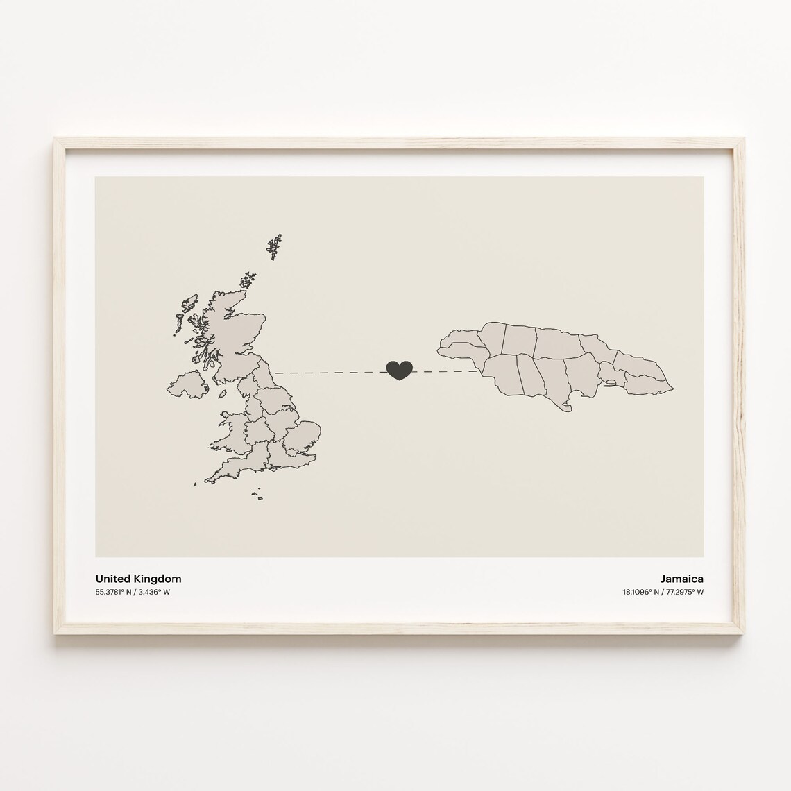 United Kingdom to Jamaica Minimalist Long Distance Connection Map Poster